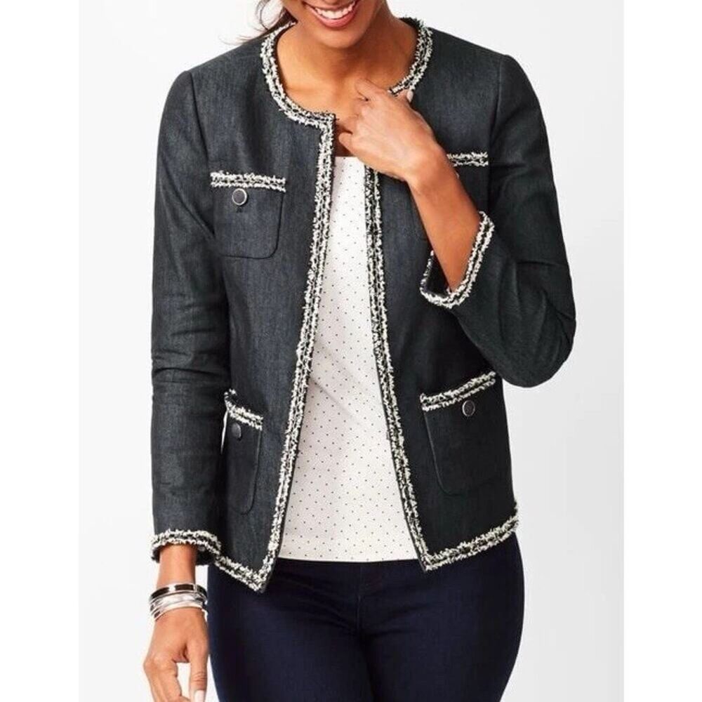 Talbots Black Tweed Trim Jacket Blazer Striped Lined Hook Eye Womens 20WP